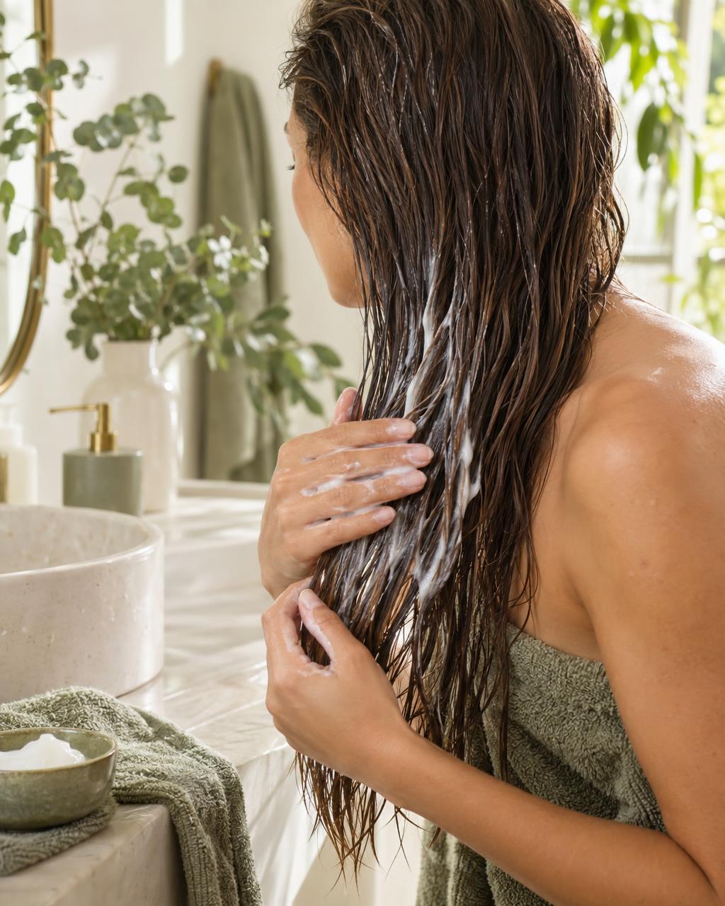 Conditioner being worked through long hair